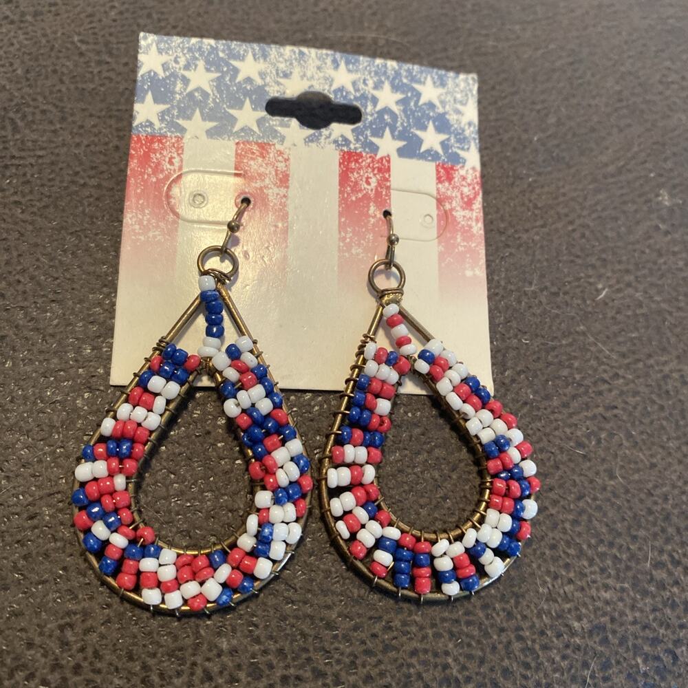 4th of July USA American Flag Patriotic Red Blue white Dangle Post Earrings